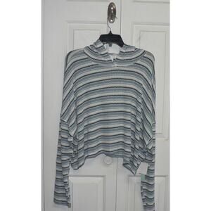 Abound Women's Long Sleeve Lightweight Oversized Crop Knit Hoodie Blue Stripe XL